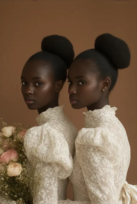 un portrait détaillé de deux belles jeunes filles à la peau foncée, Ajak Deng, coiffure en chignon, un portrait détaillé de deux belles jeunes filles africaines à la peau foncée, tenue victorienne très cintrée, serrant la grosse poitrine, derrière sur le c...