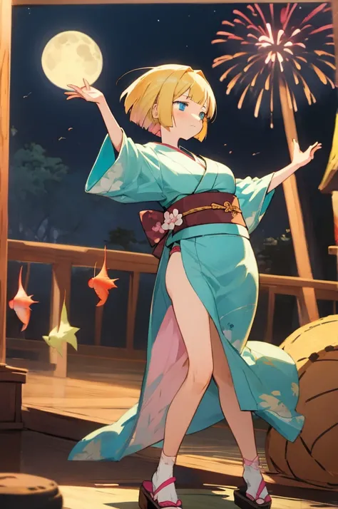 2D, masterpiece,  top quality, anime,  very detailed with crimson hair, 1 girl, whole body,  blue eyed girl with blonde bob hair_ kimono, blue  kimono, Yellow too ,   fish print  ,
Japan,  sommer festival, firework,  stall,  dancing s ,  playing games , mu...