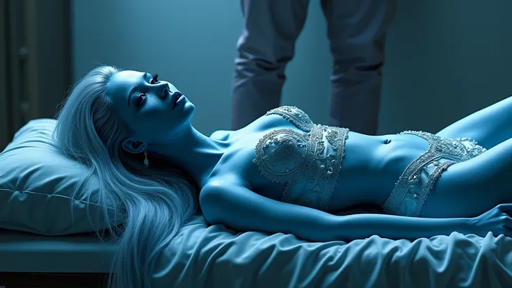 a sexy blue alien princess, with deep detailed face, long hair, in dress, laying on stretcher, on side a Man is standing