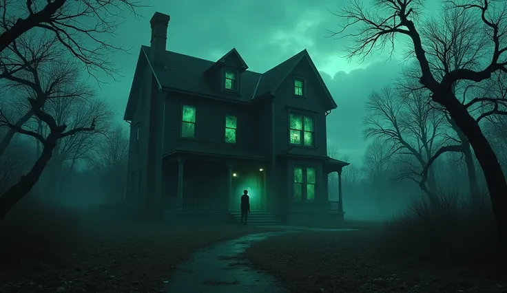 "A decrepit, abandoned mansion under a dark, stormy sky. Its broken windows glow faintly with an eerie green light. The overgrown yard is filled with twisted, leafless trees, and a shadowy figure stands near the doorway, barely visible through the swirling...