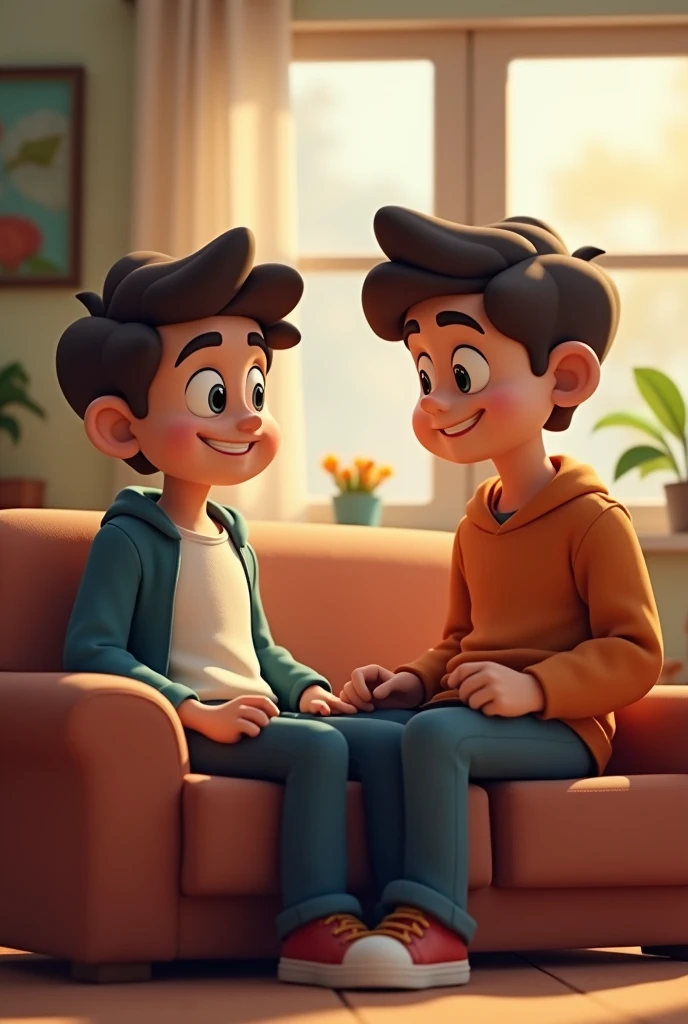 A teenage boy, sitting casually in the same room, responding confidently to his father. He is leaning back, with a slight smirk, as if explaining something important. The father looks curious but stern
3D young cartoon photo 