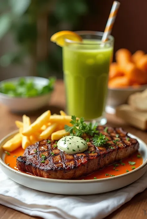 A vibrantly colored still life of a delectable meal, featuring a main course of tenderly grilled steak, served with a side of roasted vegetables and golden-brown crispy fries, garnished with fresh herbs and a dollop of creamy sauce, all arranged artfully o...