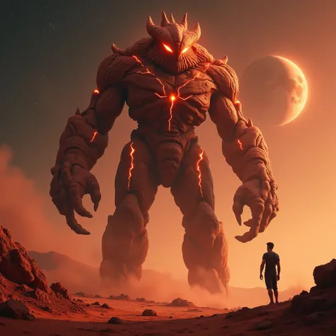 ((high quality)), ((masterpiece)), ((highly detailed)) a man looking at a towering humanoid creature embodying Mars, with a rugged, crimson surface resembling the planet’s dusty terrain and ancient canyons. Its body is adorned with glowing veins of molten ...