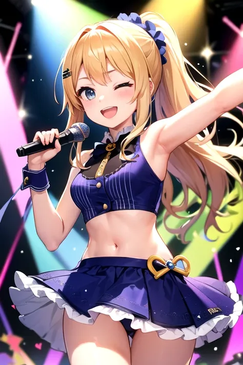  Staring at viewers、smile、 open her mouth 、 girl、Idol、Blue and white outfit、 skirt 、 hair ornament、belly button、microphoneを持つ、 ponytail、 jewelry、 very long hair、one eye closed、:d、heart、Frills、 black tie、 Sleeveless、 solo focus、abdomen、 stripe 、 crop top、Wr...