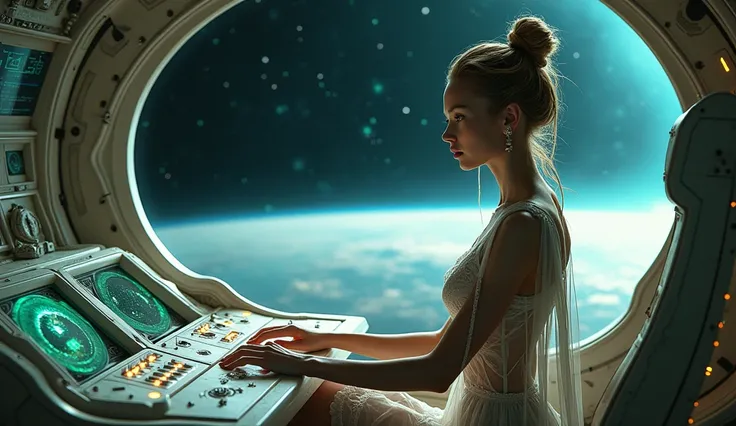 Alien spaceship with a beautiful woman sitting inside controlling the alien spaceship, the open window with space and planet earth in the background