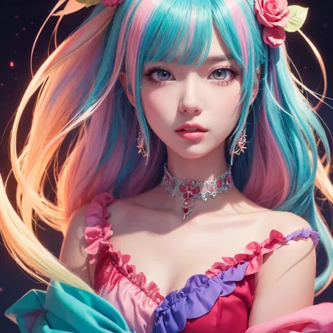  anime girl with colorful hair and colorful dresses,  Rosedrows Pastel Vivid , Ross Draws style cartoon vivid , Anime Style 4k,  Beautiful Animated Portraits , beautiful anime girls,  anime style digital art ,  Anime Art Wallpaper 4K,  very detailed artger...