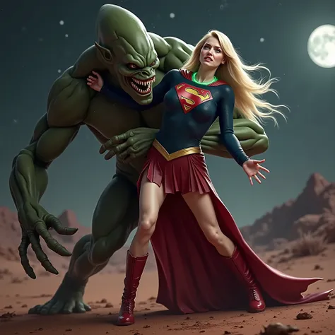 Melissa Benoist as Supergirl, Melissa Benoist is wearing a Supergirl costume as seen on TV, very bright white skin, a huge body fierce Alien Monster hold and carry Supergirl body, the Alien Monster seize her body tightly, it is hugging her body tightly and...