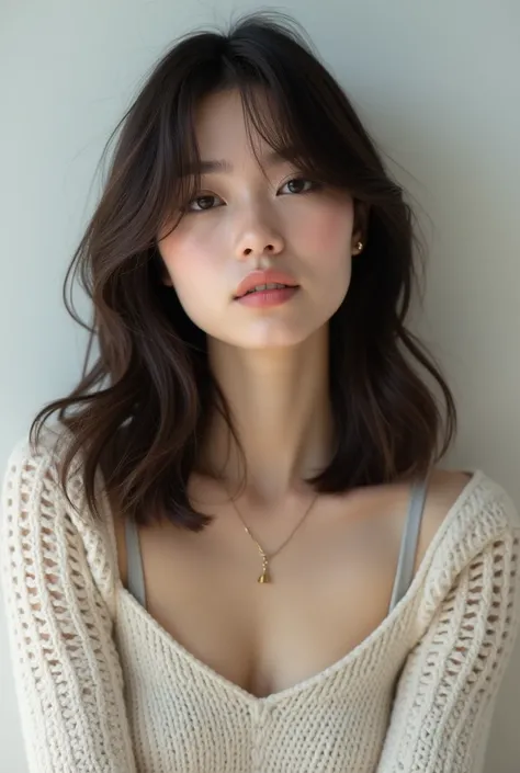  with straight, shoulder-length hair、 the tips are lightly wrapped inside 。 , the hair color is dark chocolate 、Calm impression。  with see-through bangs 、 accessory that adds lightness to the neck
 • 。  she wears a trendy knit 「Wearing a setup 、 and the ha...