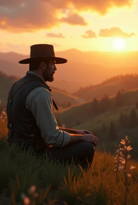 Arthur Morgan sitting on a hill ,  watching the sunrise ,  while tuberculosis slowly consumes him .  The camera moves away and shows the natural landscape ,  symbolizing the freedom and peace that Arthur always sought