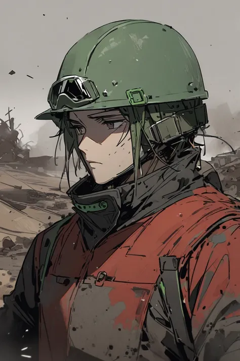 male， green helmet with goggles， red vest，black vest ，Half Body，Wasteland