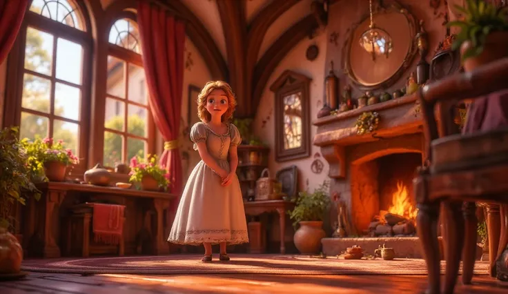 Cinderella, , long golden hair, bright blue eyes, wearing a simple dress with modest shoes, standing gracefully in a cozy cottage room with wooden furniture, a glowing fireplace, soft light coming through a window with a garden view, kind and gentle expres...