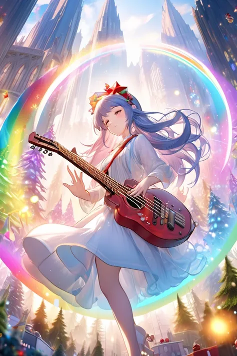  top quality, Super fine, 16k, 2.5D,  Delicate and Dynamic Depiction ,up, Christmas, long hair,Play sacred sounds with beautiful game characters on their guitars,  Transparent, translucent, and rainbow-colored barriers break , Game Production Effects , A m...