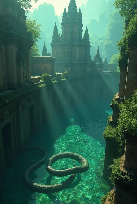 A giant snake swims in an emerald pool. In the water there is an ancient Khmer stone castle.