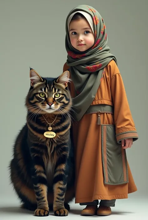  a woman in a colored hijab walking next to a black tabby cat and a light brown color . The woman and the cat walk side by side facing directly at the camera . black and light brown tabby cat is taller and larger than the woman next to her with thicker cat...