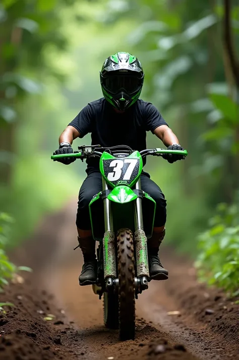 young man of Javanese race in a black t-shirt image "DHEPUZZO 37  " color green light
wear a full face helmet riding a dirt bike on a mud road in the forest