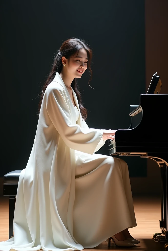 Photo of beautiful Korean woman smiling playing piano wearing white dress white coat on stage 