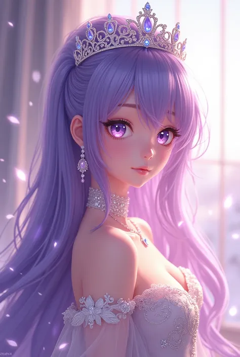 Here’s an improved and more detailed version of the prompt:

"A stunning anime girl with long, flowing purple hair shimmering with soft highlights, adorned with an elegant, ornate silver crown embedded with sparkling gemstones. Her radiant violet eyes gaze...