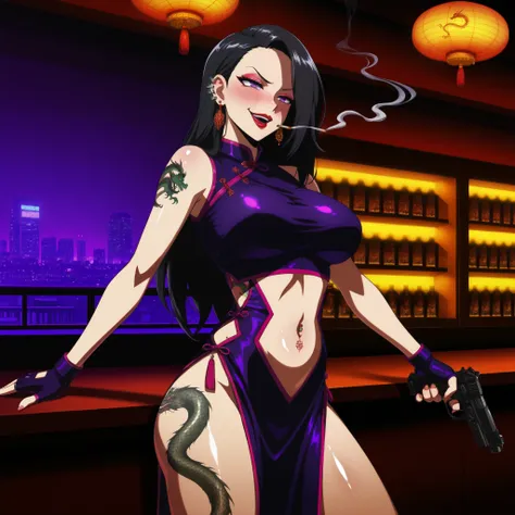 Purple eyes, black hair, long hair, earrings,fingerless gloves, earrings,makeup,lipstick, bad attitude, mean girl, anime girl , long hair, earrings, red lips, large breasts, ear piercing, long hair, blush, lipstick,Hot girl, baddie, smoking, sensual, attra...