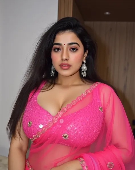 (masterpiece, best quality:1.2), ketika,front view,full body, standing position,1girl, solo, stunning beauty,big , cleavage,sexy indian,body facing camera, ear ring, navel ring, wearing pink saree bridal veil,pink lace bra, showing breasts,