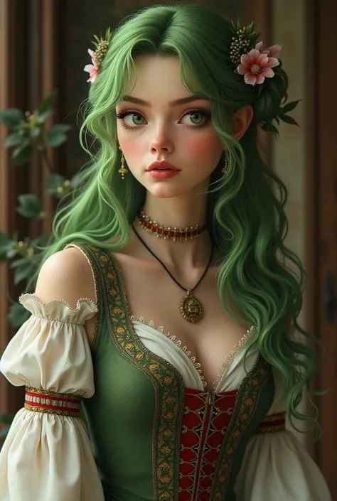 woman　Green Hair（ olive green ）Mischievous（Thin）traditional national costume Europe