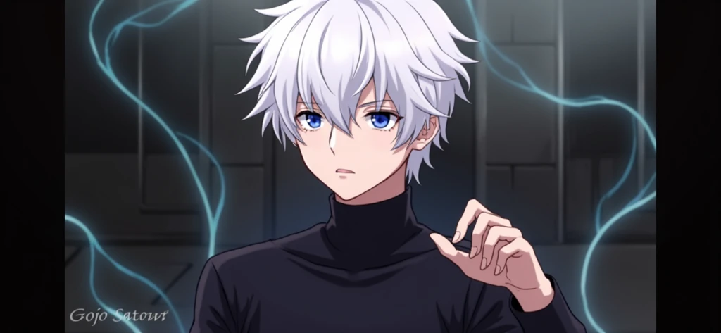 Gojo Satoru has white all-white hair and blue eyes with a blue aura that shines brightly while looking away