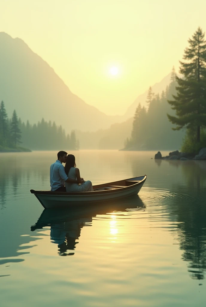 A serene scene of a couple sitting closely together on a wooden boat floating gently on a calm lake at sunset. The couple is surrounded by a picturesque landscape of lush green trees and distant mountains, with soft golden light reflecting off the water. T...