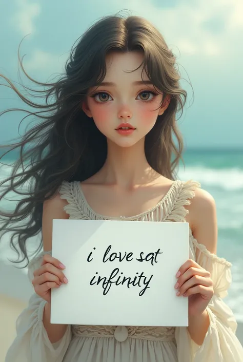  A beautiful girl with wavy long hair in a bohemian dress,  holding a white board with  "I Love Seaart Infinity" and showing it to the viewer