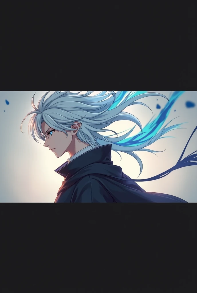 Gojo Satoru has white all-white hair and blue eyes with a blue aura on a white background