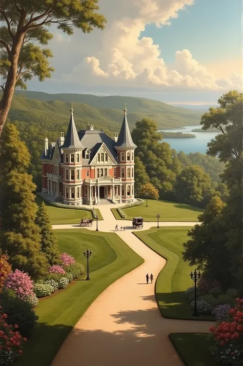 Classic Victorian style architectural landscape oil.