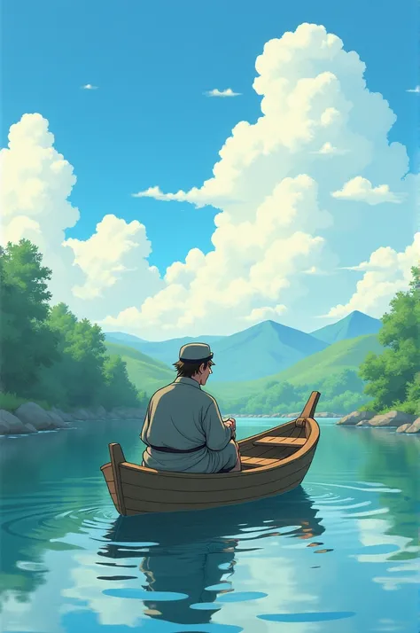 Sailor steering a boat in calm waters studio ghibli style and hand drawn