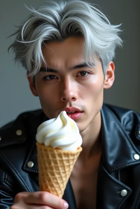 Handsome young man wearing a leather jacket,  wearing a hat ,  with silver hair ,  holding ice cream ,  silver ,  messy hair,  handsome , (8k, RAW Foto,  photorealistic :1.25) ,( lipgloss,  Eyelashes , man, Shiny face ,  shiny skin , dark skin, dark snik ,...