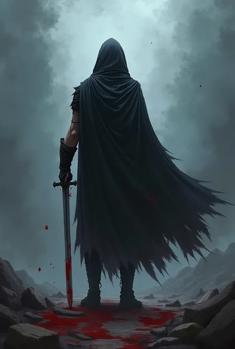  A lone warrior , anime, dark tones ,  a broken black cloak , iron gloves,  is standing with your back,  holds a sword with blood on it