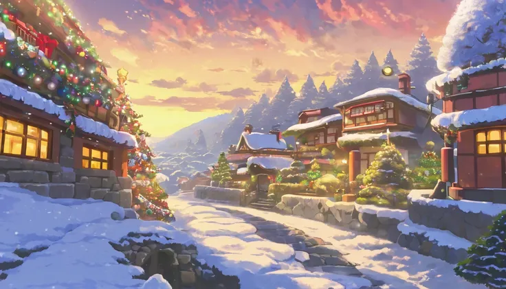 Generate a Ghibli Anime-inspired artwork Christmas ,lanscape