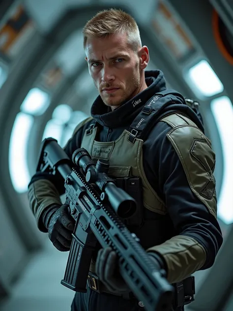 A man with a futuristic sniper rifle in a ligh combat space suit. He is looking directly in the camera. He has short dark blonde buzz cut hair. Scar on a forehead and neck. He is standing aboard space ship. Dramatic light