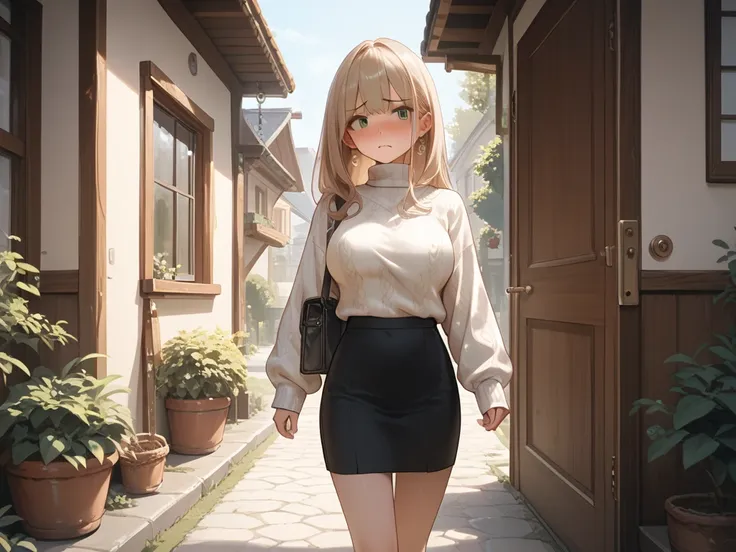 anime, a long haired blond petite woman, big breasts, slim body, white sweater, black skirt, walking out of a house, embarrassed, the doors are open,