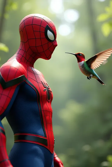 "Create a dynamic and detailed image of Spider-Man standing alongside a hummingbird. Spider-Man, wearing his classic red-and-blue suit with the web pattern, should be in a relaxed, neutral pose, with one hand extended slightly forward, as if observing the ...