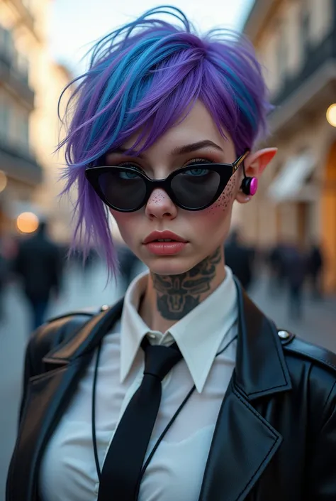 (( Best Quality )), (( Masterpiece)), ( Detailed ), (original), ( realistic ),  a young woman with vibrant purple hair , blue hair tips , with a slightly messy style, pixie cut, His striking light blue eyes., and has light freckles scattered across her fac...