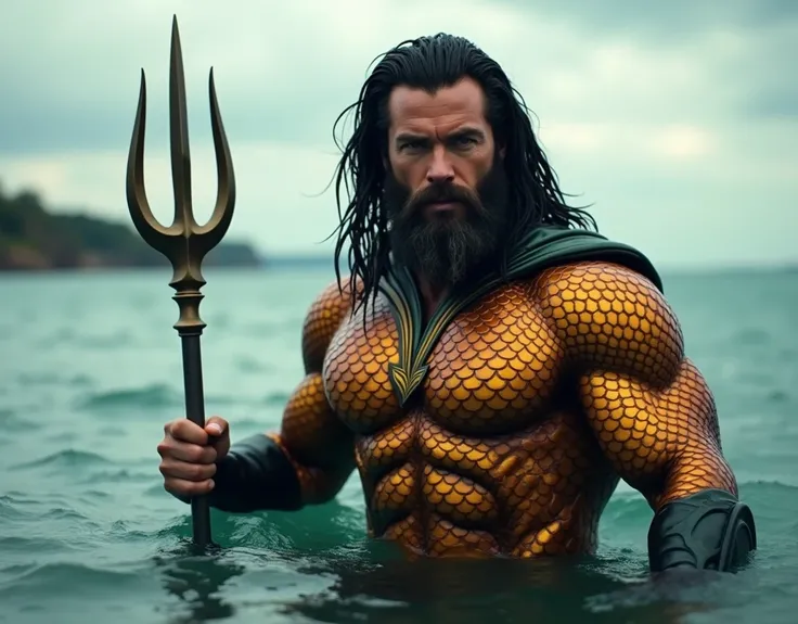 In this photograph, DC comic book character, ((Aquaman)), a muscular man with long, wet, dark hair and a rugged beard He wears a golden, scale-patterned armor that resembles a fishs skin and holds a trident with three prongs in his right hand. He is seen f...