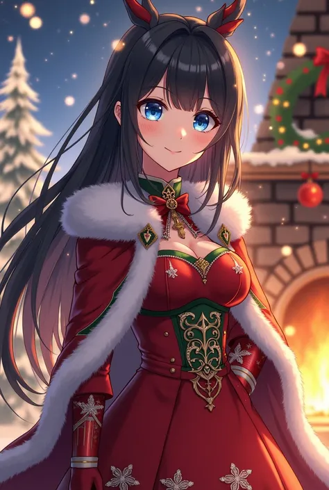 anime「 Tsu no Taisai 」 in the female version please, but、Can you make Arthur Pendragon by ? Christmas Outfits, christmas background , long black hair, blue eyes