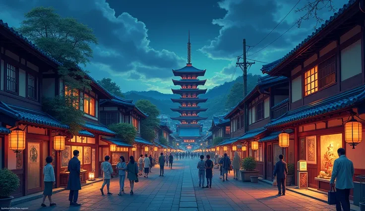   Alaf view of a street with a pagoda in the background, Paintings inspired by Kano Hogai,  Shutterstock, Ukiyo-e, Japanese cities at night,  Japans Deeper Travel Exploration , Japanese cities, , Kyoto japan setting,   Japanese Street , Japan at Night, Anc...