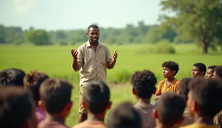 Motivating the Youth
Arun addresses a group of young villagers in an open field, sharing his story with enthusiasm. The audience listens attentively, inspired.
