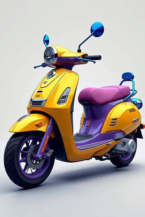 Create an image of a yellow and purple slingshot Honda super cub with blue details