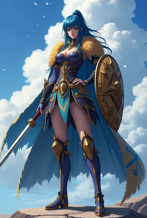 Haruna is the first female warrior heroine of the Northern Giants she has large breasts and is 30 ,  meters tall and can change size she wears a katana and a shield and wears armor a lion skin cape her costume is all adorned with hunas she has blue hair bl...