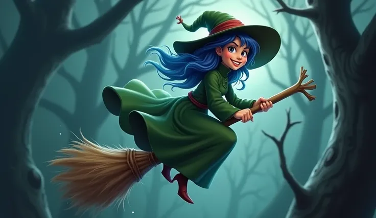  witch character 。 wearing green clothes 、 wearing a pointed hat with a red band 。Blue hair popping out 、 has an overall dark fantasy vibe {x} and a face with a mean smile。Get on the broom、 flying in the sky 。 The broom is made of wood and features a branc...