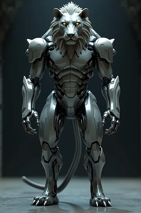 A steel robot mixed with a lion standing with his hands closed his eyes