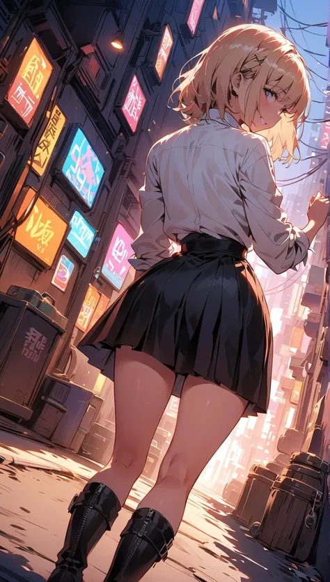 Beauty　smile　lipstick　　White shirt　Roll up your sleeves　Tight skirt　High heel boots　stand　Neon city at night　In the shade　Cyberpunk　Back Alley,back view, dynamic angle, doggystyle pose