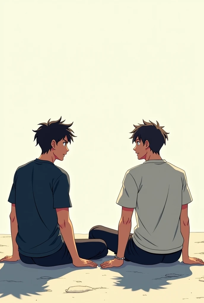 Draw a scene of two men sitting on the ground having an anime-style conversation from the perspective of the back