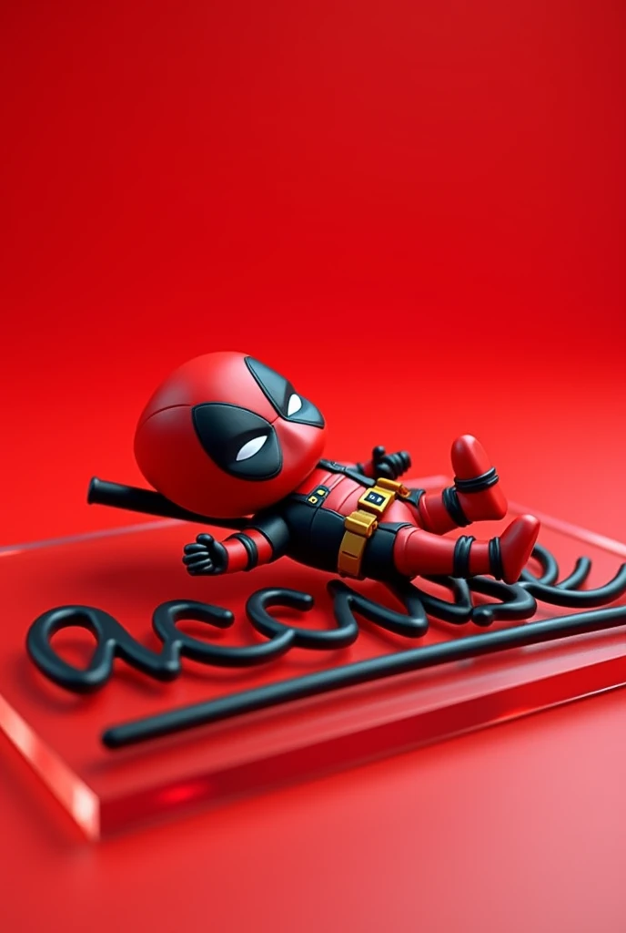  3D Doll .  Deadpool chibi mini , Lying Relaxed on 3D Writing. Cool,written : "Accuse ".  color red, on clear glass ,Red background ,ultra HD.