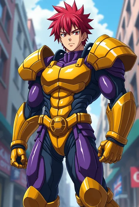 A powerful humanoid being, wearing a cool powerful yellow purple armoured costume of mix color, two big spinning blades on his forearms of his hands, anime figure, red hair, detailed picture, high resolution image, looking straight, serious face, backgroun...