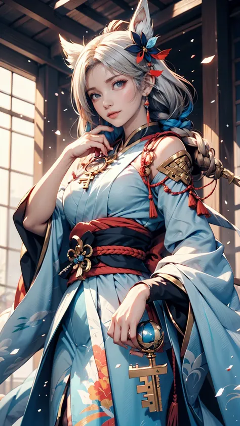 Anime girl wearing a blue and white dress and holding a blue ball, Onmyoji, Onmyoji detailed art, Onmyoji portrait, White-haired goddess, Genshins Key King , genshin,  Arknights, Genshin Impact&#39;s Zhongli, Haise Jinyao, by Shimo, long, Jan J, Yun Ling